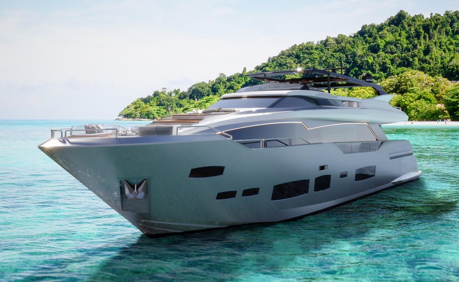 Luxurious 2026 Ladenstein L88 yacht cruising in tropical waters near lush island.