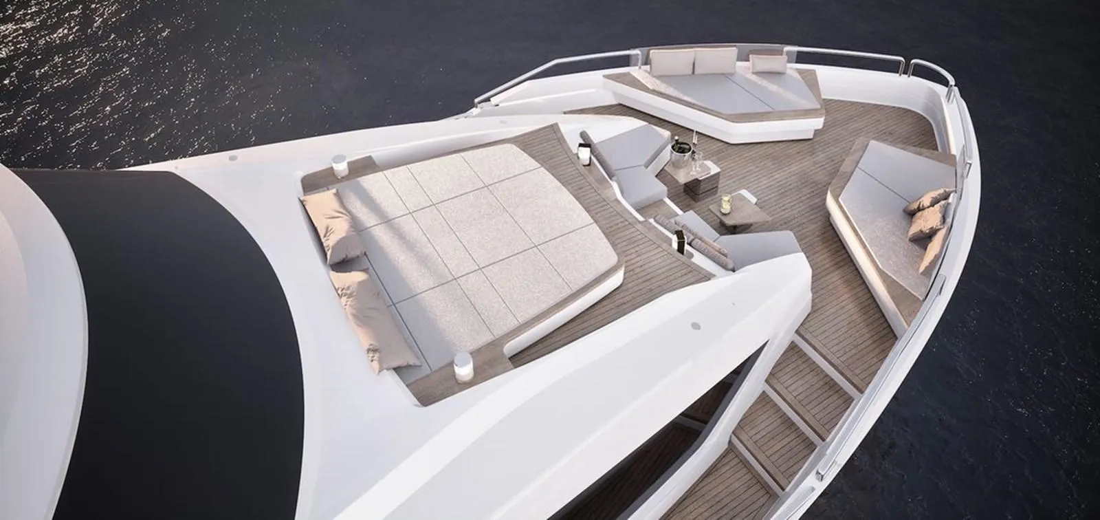 Luxurious 2026 Ladenstein L88 yacht deck with elegant seating and sunbathing areas.