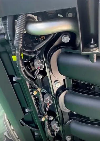  Yacht Photos Pics Close-up of 2017 Pursuit OS 385 Offshore engine components and wiring.