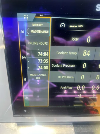  Yacht Photos Pics De Antonio Yachts D42 Open 2023 engine maintenance display showing engine hours and coolant temperature.