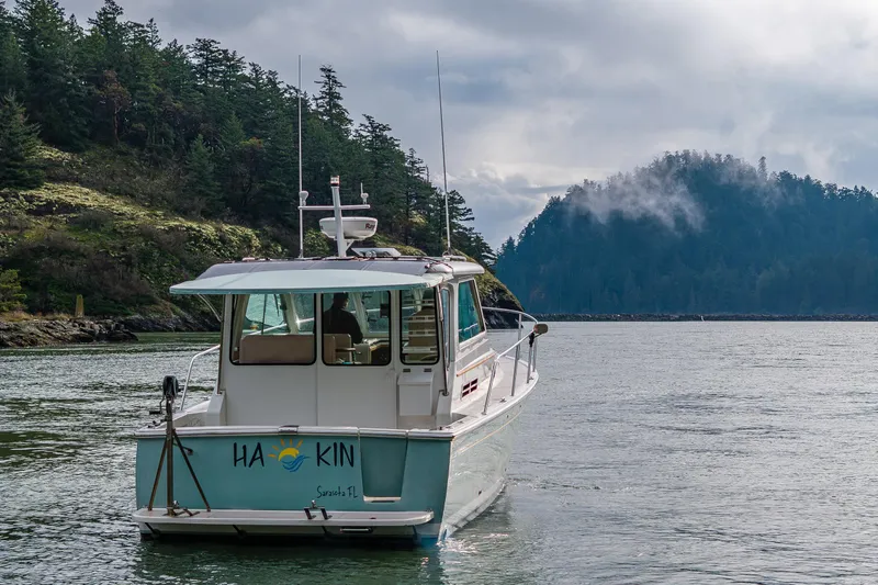 Ha Kin Yacht Photos Pics 2008 Back Cove 33 boat cruising near forested island under cloudy sky.