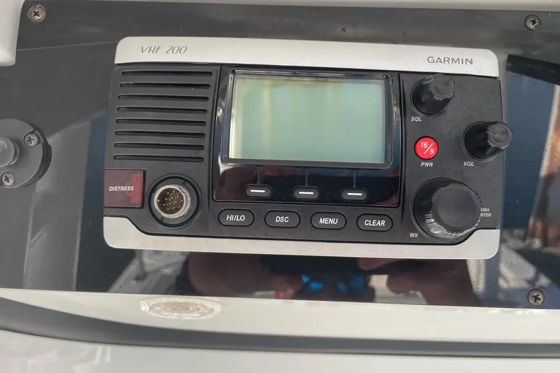  Yacht Photos Pics Garmin VHF 200 radio on 2015 Edgewater 280CC boat dashboard.