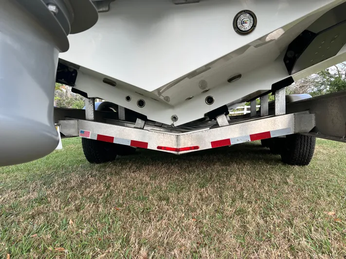  Yacht Photos Pics 2019 Yellowfin 36 Offshore boat on trailer, viewed from below.