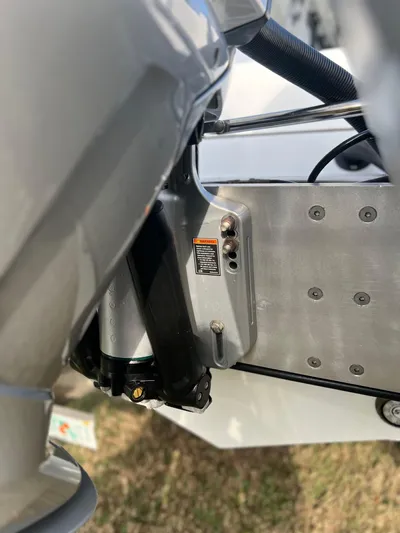  Yacht Photos Pics Close-up of a 2019 Yellowfin 36 Offshore boat component, showcasing mechanical details.