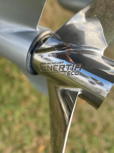  Yacht Photos Pics Close-up of Mercury Enertia Eco propeller on 2019 Yellowfin 36 Offshore boat.