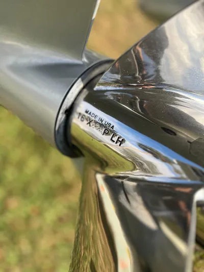  Yacht Photos Pics Close-up of a 2019 Yellowfin 36 Offshore boat propeller, showing "Made in USA" engraving.