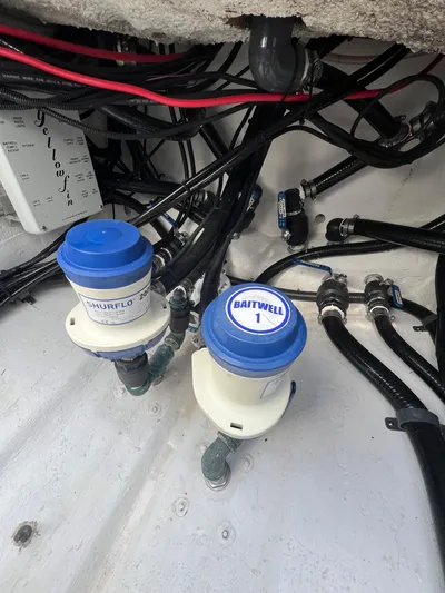 Yacht Photos Pics 2019 Yellowfin 36 Offshore boat wiring and plumbing components, featuring Shurflo and Baitwell systems.