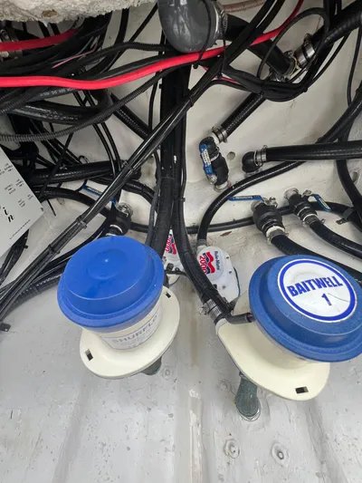  Yacht Photos Pics 2019 Yellowfin 36 Offshore boat wiring and baitwell system with blue caps.