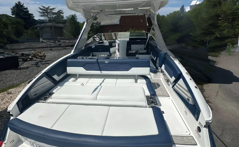  Yacht Photos Pics 2022 Cobalt A29 boat interior with spacious seating and modern design.