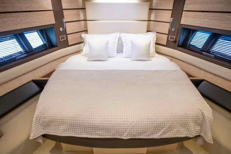My Laura Yacht Photos Pics Luxurious bedroom interior of 2015 Azimut Fly 60 yacht with elegant bedding.