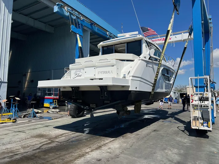  Yacht Photos Pics 2018 Cruisers Yachts 42 Cantius being lifted at a marina for maintenance.