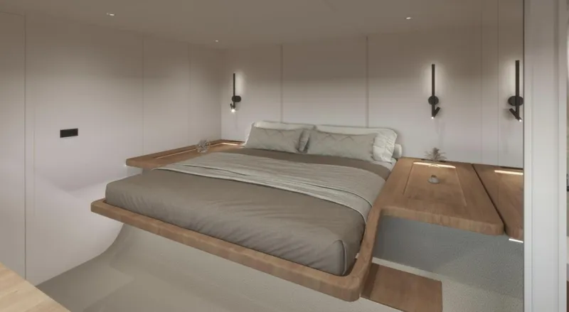  Yacht Photos Pics Luxurious bedroom interior of 2026 Sunreef Ultima 88 yacht, featuring modern design and elegant lighting.