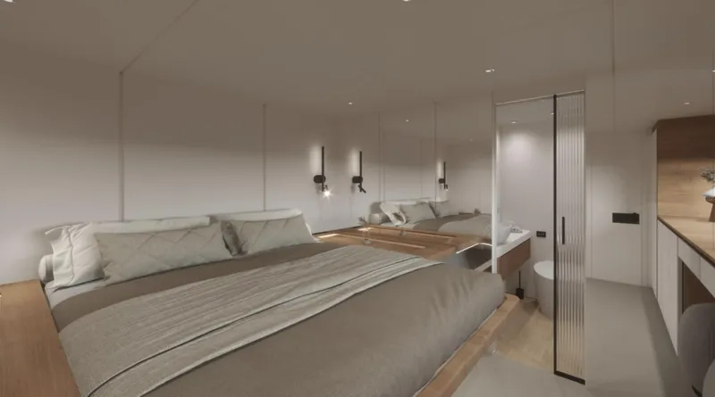  Yacht Photos Pics Luxurious bedroom interior of 2026 Sunreef Ultima 88 yacht, featuring modern design and elegant furnishings.