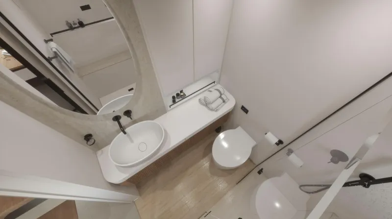  Yacht Photos Pics Modern bathroom in 2026 Sunreef Ultima 88 yacht, featuring sleek fixtures and minimalist design.