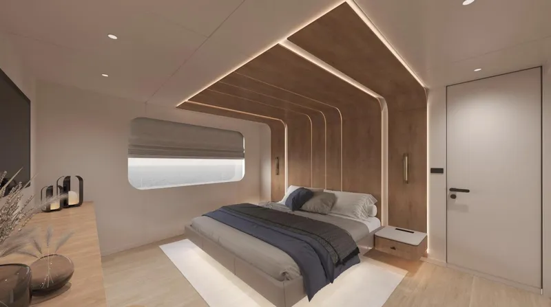  Yacht Photos Pics Luxurious bedroom interior of 2026 Sunreef Ultima 88 yacht, featuring modern design and ambient lighting.