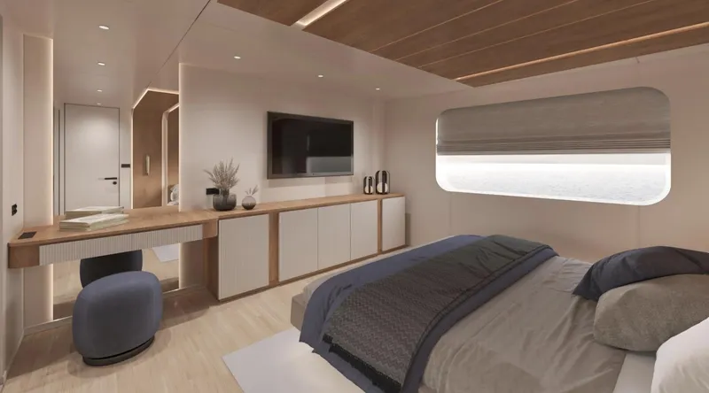  Yacht Photos Pics Luxurious bedroom interior of 2026 Sunreef Ultima 88 yacht, featuring modern design and elegant furnishings.