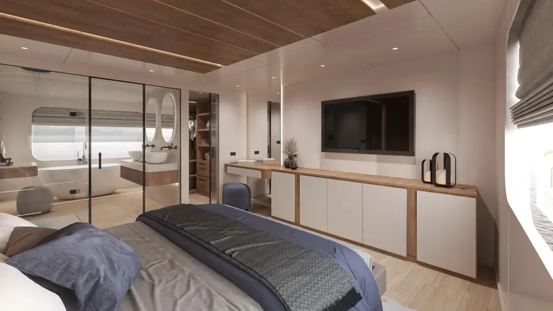  Yacht Photos Pics Luxurious Sunreef Ultima 88 yacht bedroom, featuring modern decor, large TV, and elegant furnishings, 2026 model.
