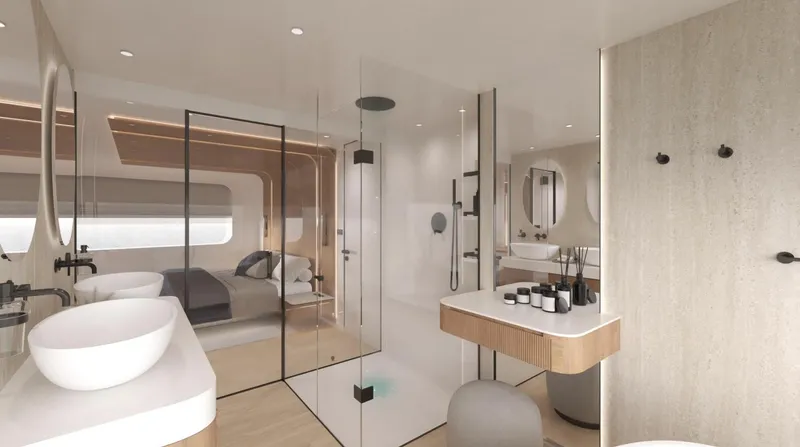  Yacht Photos Pics Luxurious interior of 2026 Sunreef Ultima 88 yacht, featuring modern bathroom and bedroom design.