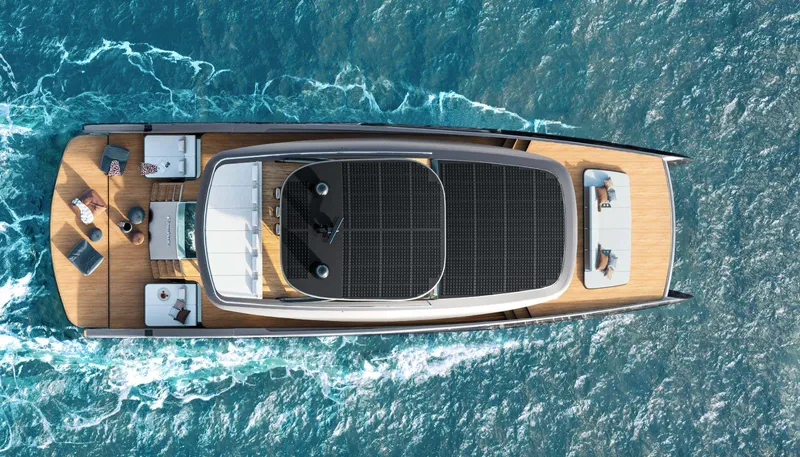  Yacht Photos Pics Top view of 2026 Sunreef Ultima 88 yacht cruising on blue ocean waters.