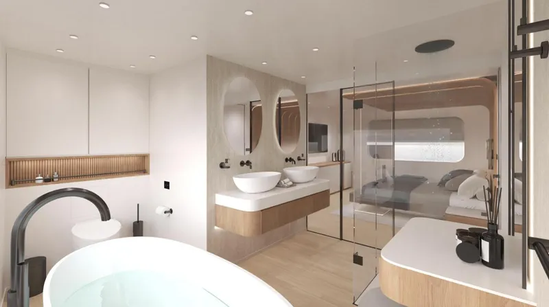  Yacht Photos Pics Luxurious Sunreef Ultima 88 yacht interior, featuring modern bathroom and bedroom design, 2026 model.