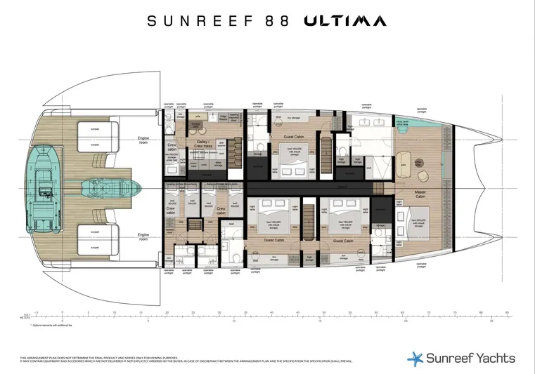  Yacht Photos Pics Floor plan of the 2026 Sunreef Ultima 88 yacht, showcasing luxurious cabins and amenities.