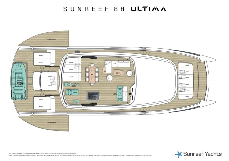  Yacht Photos Pics Deck layout of 2026 Sunreef Ultima 88 yacht, featuring spacious living and dining areas.
