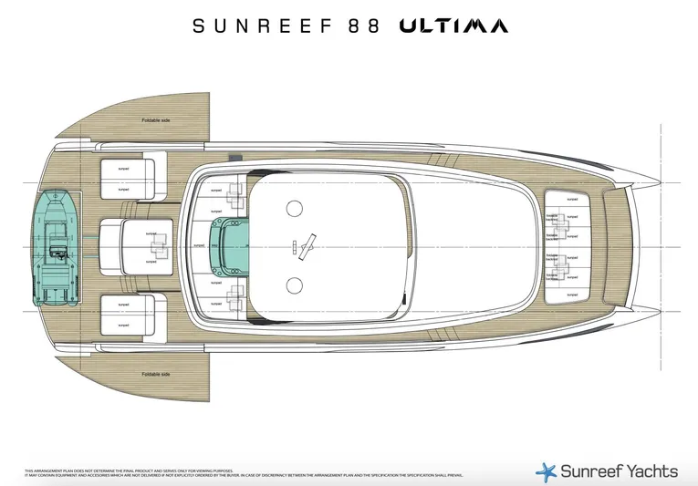  Yacht Photos Pics Floor plan of Sunreef Ultima 88 yacht, 2026 model, showcasing deck layout and design.