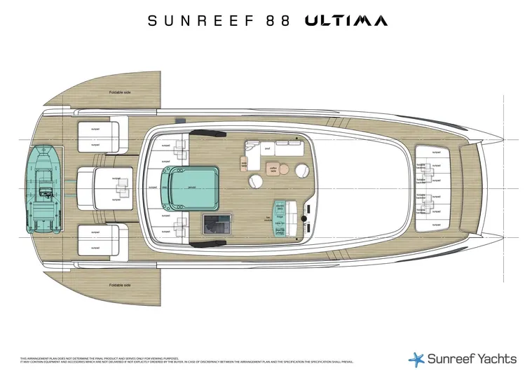  Yacht Photos Pics Deck layout of 2026 Sunreef Ultima 88 yacht, featuring spacious design and modern amenities.