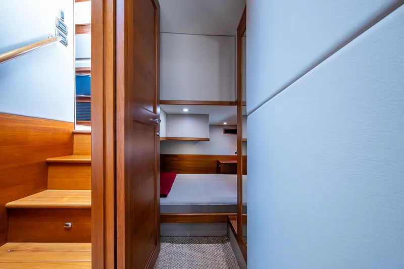 Duet Yacht Photos Pics 2017 Grand Banks 44 Eastbay SX interior with wooden stairs and cozy cabin.