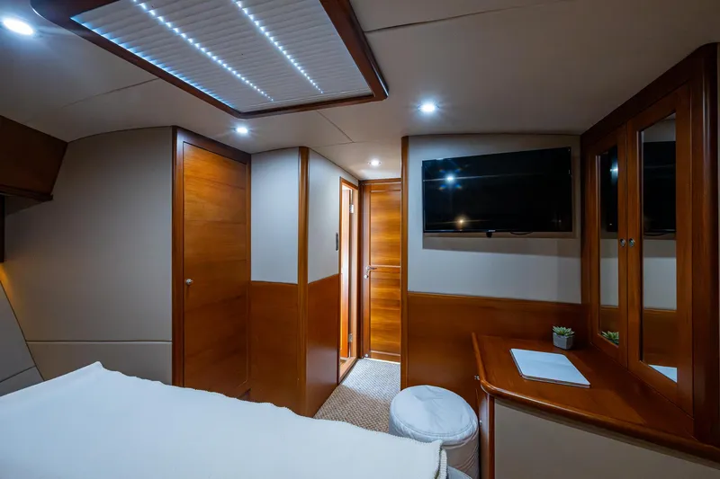 Duet Yacht Photos Pics Luxurious interior of 2017 Grand Banks 44 Eastbay SX yacht cabin with modern amenities.