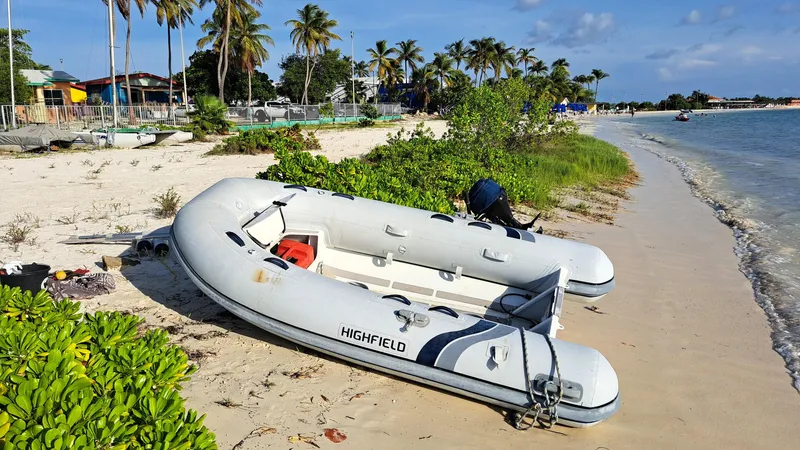 Tortuga Yacht Photos Pics Inflatable boat on tropical beach with palm trees and clear blue sky.
