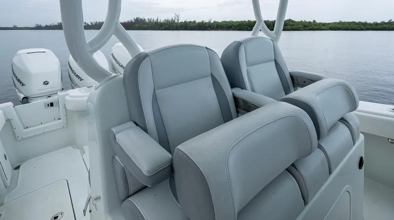  Yacht Photos Pics 2018 Yellowfin 36 Offshore boat with dual seats and Mercury outboard engines.