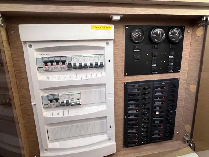 Tri It Yacht Photos Pics Electrical panel with circuit breakers and gauges in a 2018 NEEL 51 model.