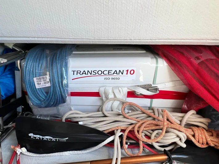 Tri It Yacht Photos Pics Life raft and ropes stored on NEEL 51 trimaran, 2018 model.