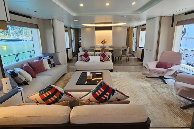  Yacht Photos Pics Luxurious interior of 2022 Azimut Grande 32 Metri yacht with elegant seating and decor.