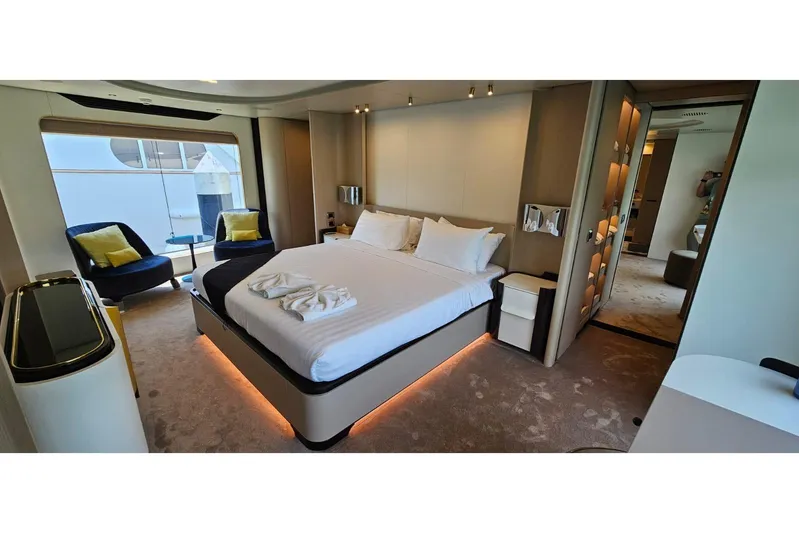  Yacht Photos Pics Luxurious bedroom interior of 2022 Azimut Grande 32 Metri yacht with modern design.