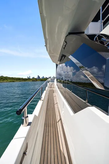 Smile Yacht Photos Pics 2023 Astondoa 66 Flybridge yacht, sleek deck view, cruising on clear blue waters.