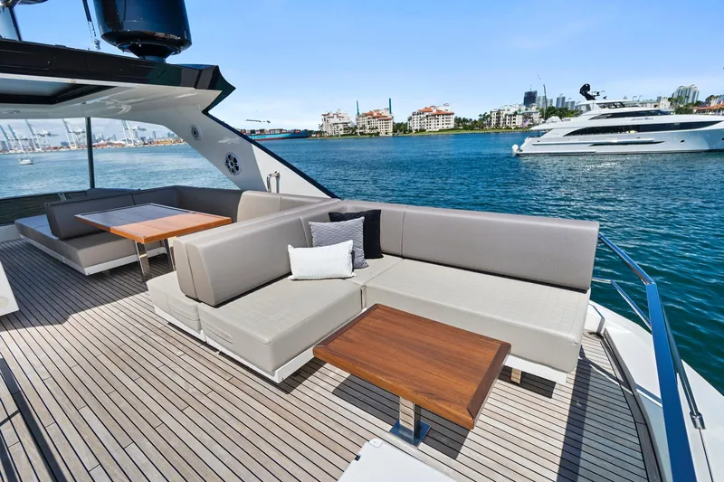 Smile Yacht Photos Pics Astondoa 66 Flybridge 2023 yacht with spacious deck seating and ocean view.