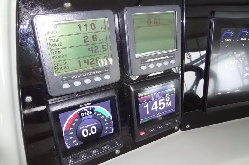 Dream Catcher Yacht Photos Pics Dashboard of a 2010 Formula 45 Yacht with navigation and engine displays.