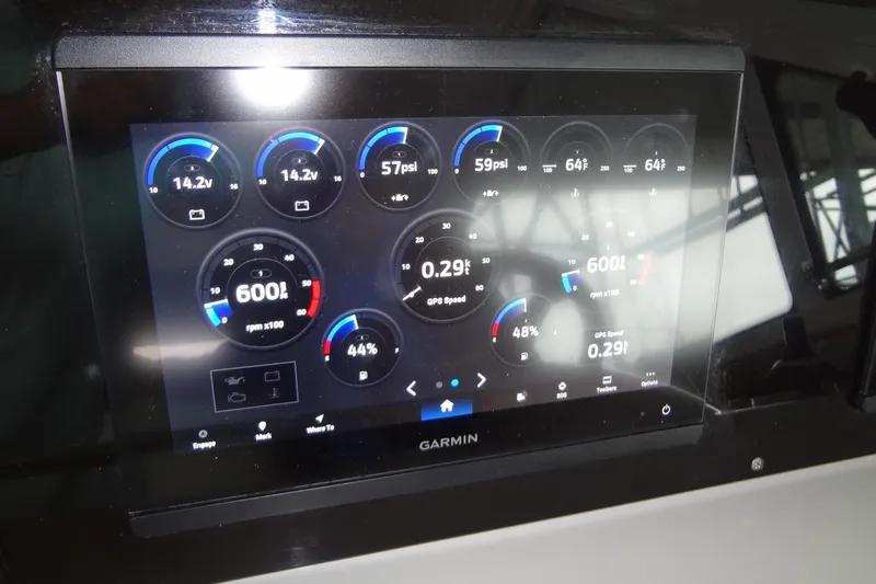Dream Catcher Yacht Photos Pics Garmin display on 2010 Formula 45 Yacht showing engine metrics and GPS speed.