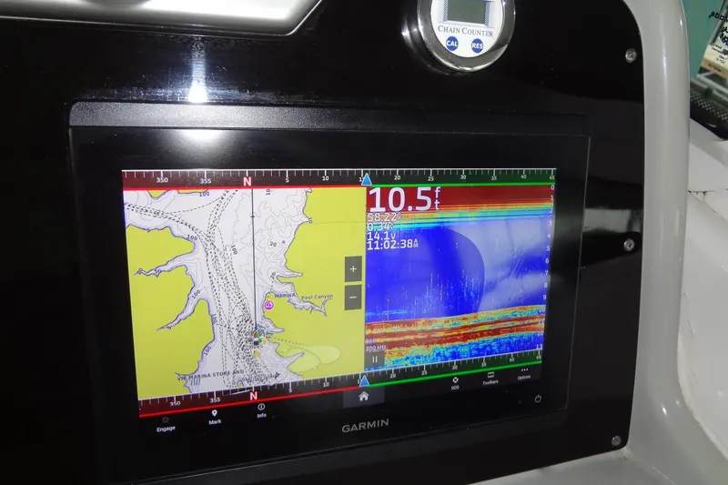 Dream Catcher Yacht Photos Pics Garmin navigation display on 2010 Formula 45 Yacht, showing map and sonar data.