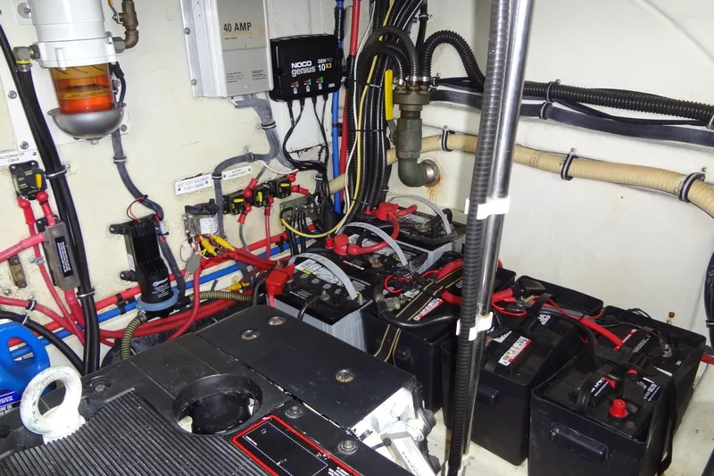 Dream Catcher Yacht Photos Pics Electrical system of a 2010 Formula 45 Yacht, featuring batteries and wiring.