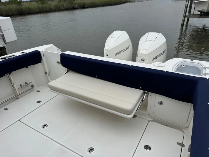  Yacht Photos Pics 2019 Boston Whaler 315 Conquest boat with Mercury engines, featuring a foldable seat.