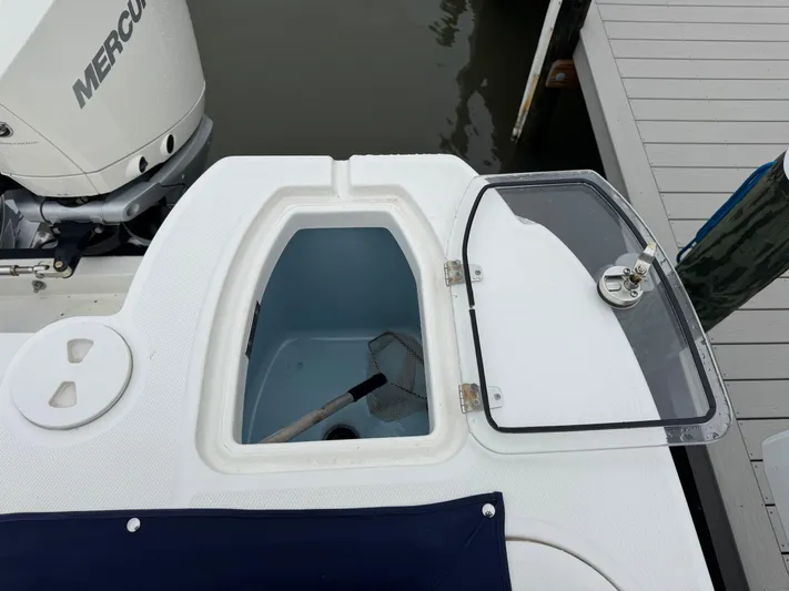  Yacht Photos Pics 2019 Boston Whaler 315 Conquest boat with open storage compartment and visible Mercury engine.