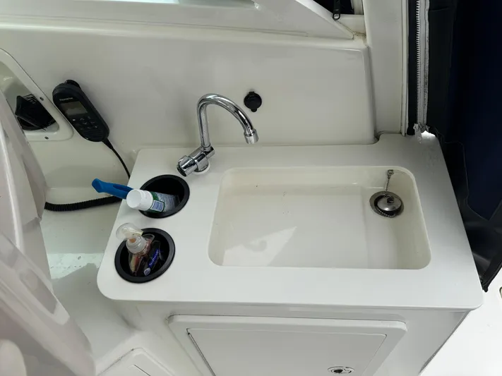  Yacht Photos Pics 2019 Boston Whaler 315 Conquest sink area with faucet and storage compartments.