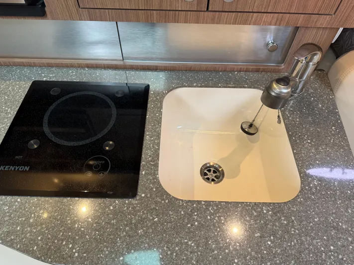  Yacht Photos Pics 2019 Boston Whaler 315 Conquest kitchen with sink and stovetop.