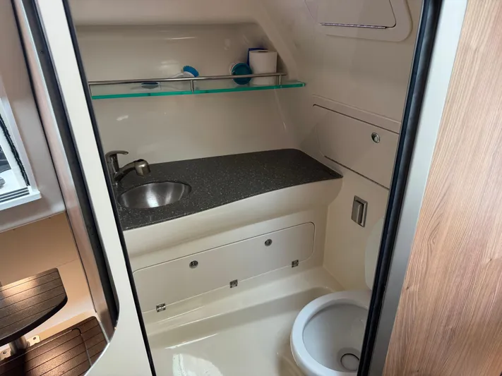  Yacht Photos Pics 2019 Boston Whaler 315 Conquest bathroom with sink, toilet, and storage.