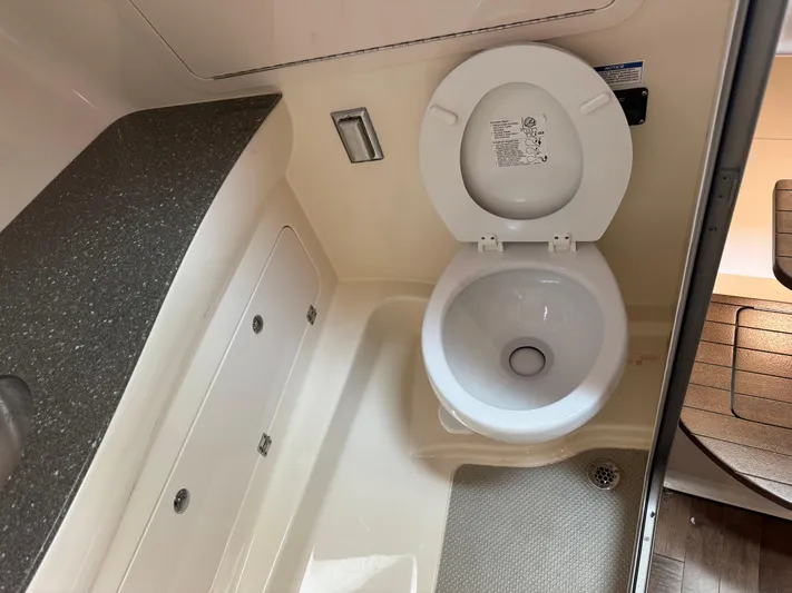  Yacht Photos Pics 2019 Boston Whaler 315 Conquest bathroom with toilet and countertop.