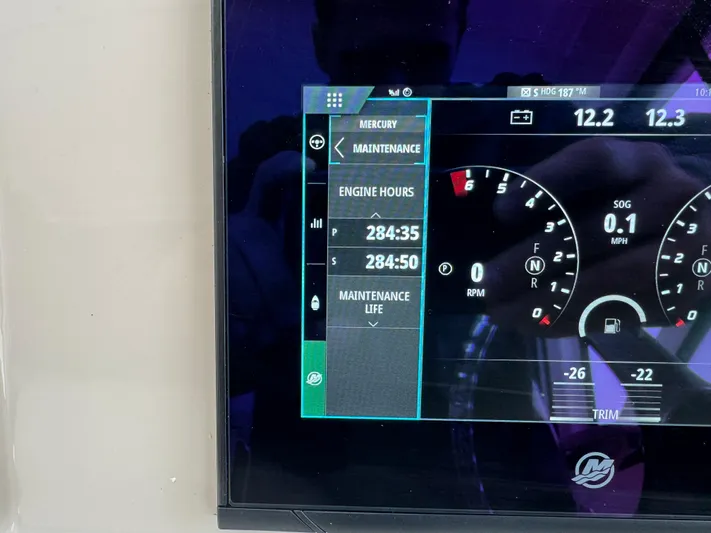  Yacht Photos Pics Dashboard of a 2019 Boston Whaler 315 Conquest showing engine hours and maintenance details.