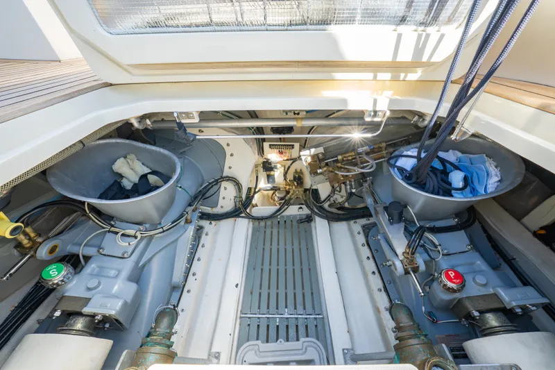Virginia Yacht Photos Pics Engine room of 2013 Hinckley Talaria 48 Flybridge yacht, showcasing mechanical components.